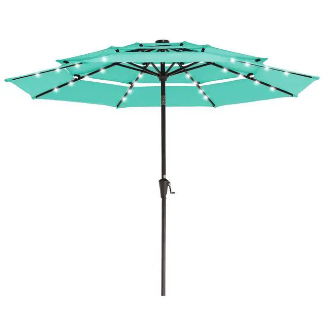 Main image of 3 Tiers Patio Umbrella with Solar Lights 9ft Outdoor Market Table Umbrellas with Push Button Tilt for Outside Pool Garden, Peacock Blue
