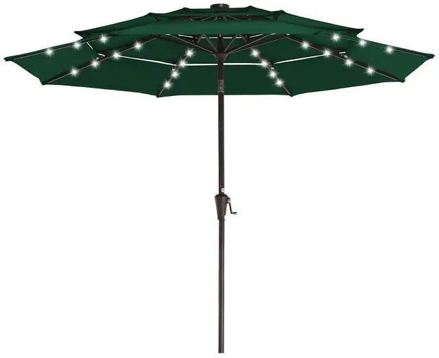Main image of 3 Tiers Patio Umbrella with Solar Lights 9ft Outdoor Market Table Umbrellas with Push Button Tilt for Outside Pool Garden, Dark Green