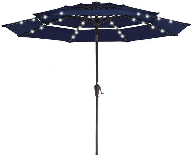 Main image of 3 Tiers Patio Umbrella with Solar Lights 9ft Outdoor Market Table Umbrellas with Push Button Tilt for Outside Pool Garden, Navy Blue