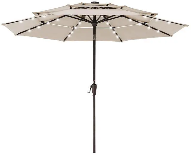 Main image of 3 Tiers Patio Umbrella with Solar Lights 9ft Outdoor Market Table Umbrellas with Push Button Tilt for Outside Pool Garden, Tan