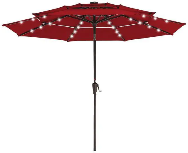Main image of 3 Tiers Patio Umbrella with Solar Lights 9ft Outdoor Market Table Umbrellas with Push Button Tilt for Outside Pool Garden, Red