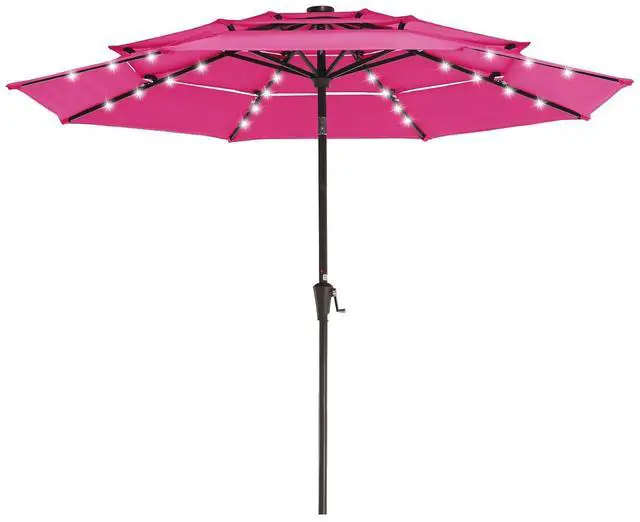 Main image of 3 Tiers Patio Umbrella with Solar Lights 9ft Outdoor Market Table Umbrellas with Push Button Tilt for Outside Pool Garden, Pink