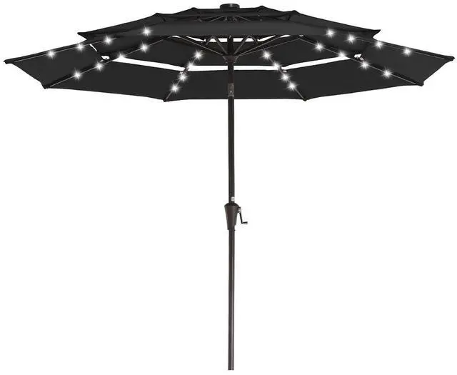 Main image of 3 Tiers Patio Umbrella with Solar Lights 9ft Outdoor Market Table Umbrellas with Push Button Tilt for Outside Pool Garden, Black