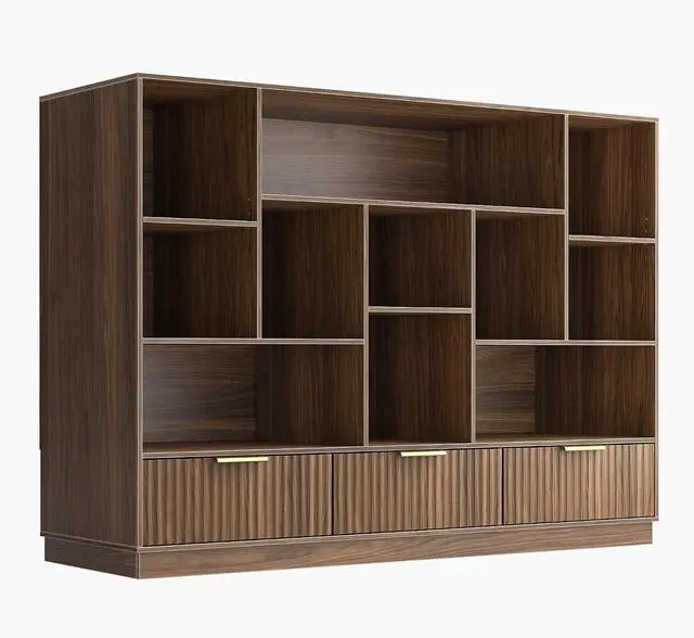 Main image of Bookshelf with Drawers, Fluted Wooden Bookcase with Storage, Wide Book Shelf for Home Office, Floor Standing Display Storage Shelves, Black Walnut
