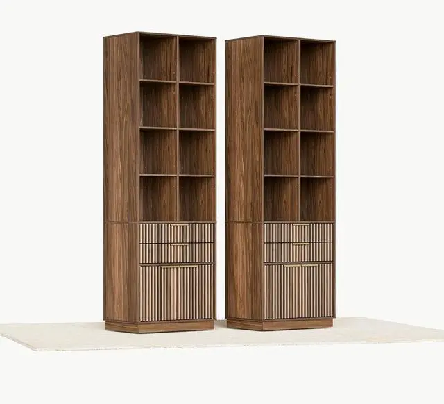Main image of Bookcase with Drawers, Set of 2 Fluted Tall Bookshelf with Doors and 4-Tier Storage Shelves, 73'' Wooden Book Shelf for Home Office, Living Room, Black Walnut
