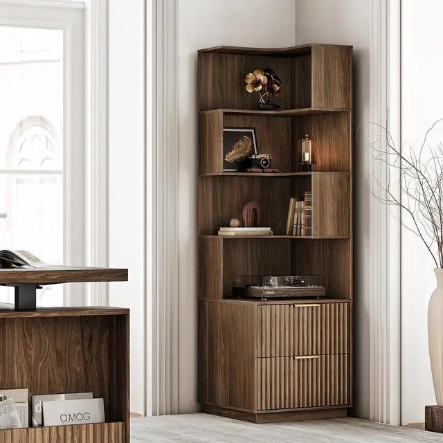 Main image of Corner Bookshelf with Drawers, 4 Tier Fluted Corner Bookcase with Storage, 71 Tall Bookcase with Storage Display Rack with Baffles for Home Office and Living Room, Black Walnut