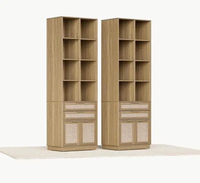 Main image of Bookcase with Drawers, Set of 2 Rattan Tall Bookshelf with Doors and 4-Tier Storage Shelves, 73'' Wooden Book Shelf for Home Office, Living Room, Natural Oak