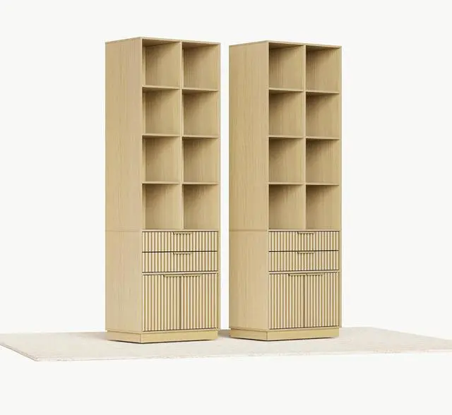 Main image of Bookcase with Drawers, Set of 2 Fluted Tall Bookshelf with Doors and 4-Tier Storage Shelves, 73'' Wooden Book Shelf for Home Office, Living Room, Light Walnut