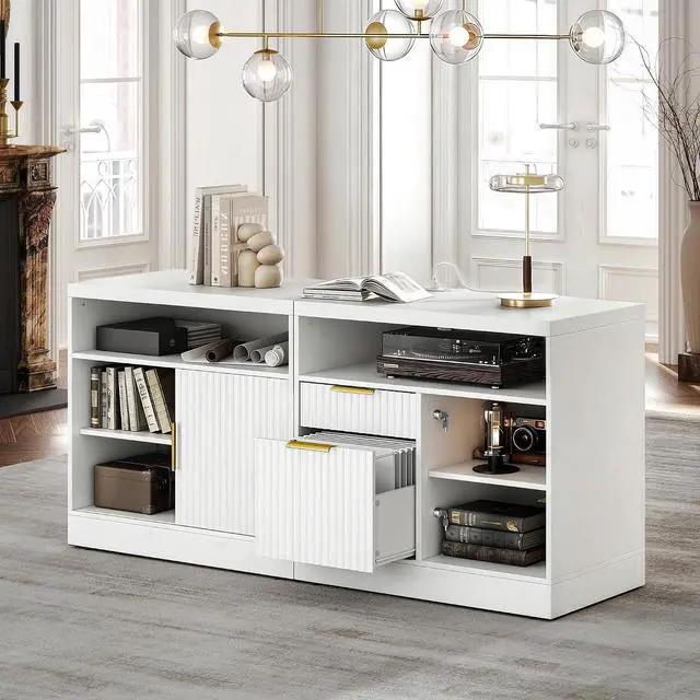 Main image of File Cabinet, 63'' Wood Lateral File Cabinet with Lock, Fluted Filing Cabinet for Home Office with AC/USB, Adjustable Storage Shelves, Fits for Letter and A4 Size, White