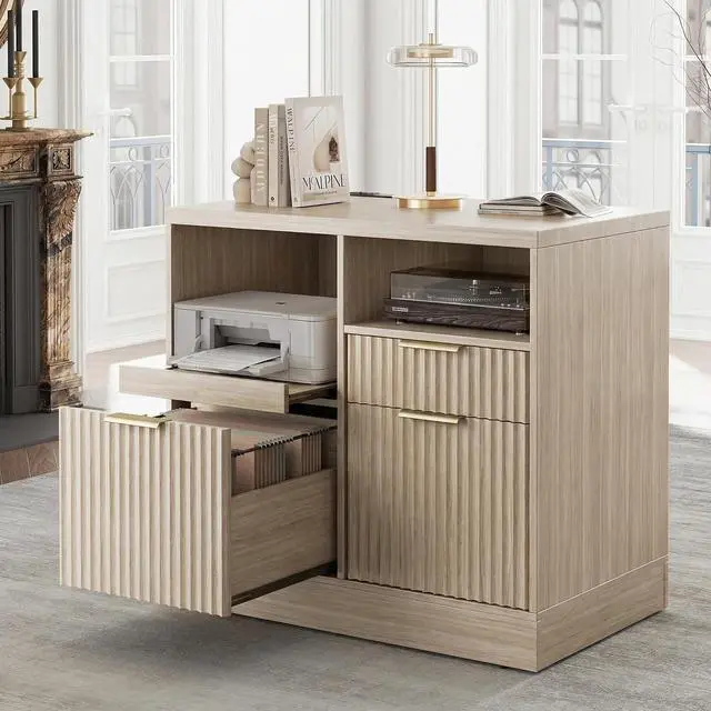 Main image of 3 Drawer File Cabinet, Fluted Filing Cabinet for Home Office with Charging Station, Wooden Office Cabinet Fits for A4/Letter-Sized Files, Printer Stand with Storage Shelves, Light Oak