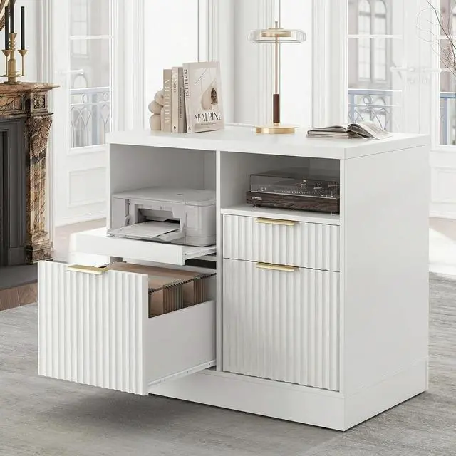 Main image of 3 Drawer File Cabinet, Fluted Wood Lateral Filing Cabinet with Charging Station for Home Office, Fits for A4/Letter-Sized Files, Printer Stand with Open Storage Shelves, White