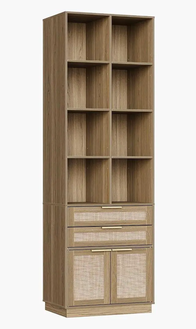 Main image of 73'' Rattan Bookshelf with Doors and 2 Drawers, Natural Oak | Wood Bookcase with 2 Drawers and Doors, 8 Open Cubes, Adjustable Shelves, Durable Build, Modern Rattan Style