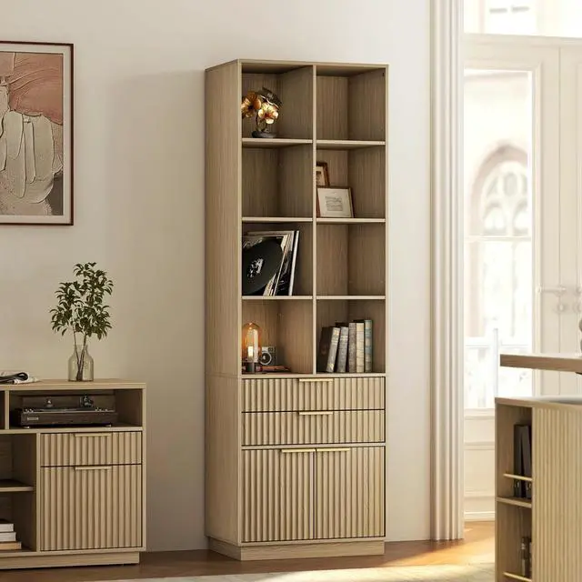Main image of Bookshelf with Drawers, 73 Inches Fluted Tall Bookcase with Doors, Wooden Book Shelf with 4-Tier Storage Shelves for Home Office, Light Walnut