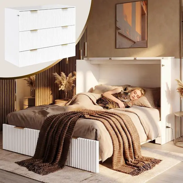 Main image of Queen Murphy Bed, Fluted Wood Murphy Cabinet with Storage Drawers & Charging Station for Bedroom/Office/Guest Room, White