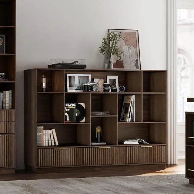 Main image of Bookshelf and Bookcase with 3 Drawers, 4-Tier Fluted Wide Bookshelf with Storage, Floor Standing Display Storage Shelves, Wooden Book Shelf for Home Office, Living Room, Black Walnut