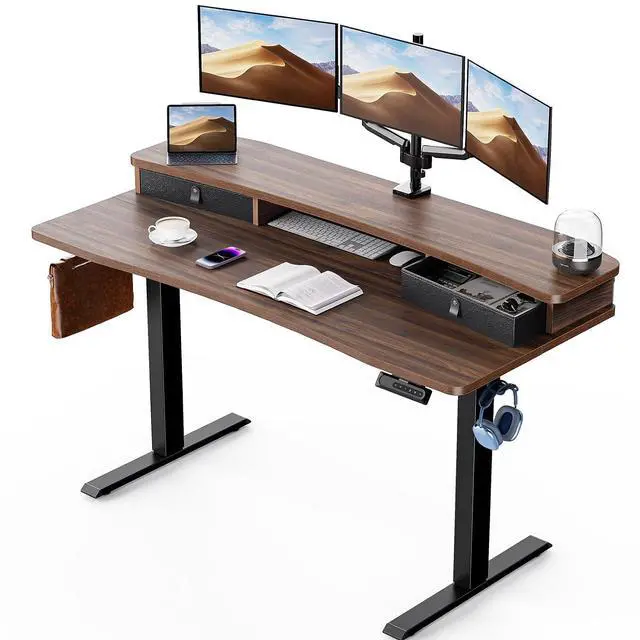 Main image of 60 x 30 Electric Standing Desk with 2 Drawers, C-Clamp Mount Compatible, Height Adjustable Computer Desk, Home Office Stand Up Desk with 4 Preset Heights & 2 Hooks, Walnut