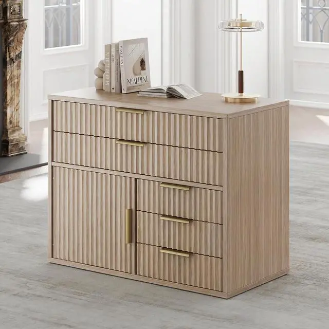 Main image of Fluted File Cabinet with 5 Drawers, Large Storage with Cabinet Door, Mobile Filing Cabinet with Locable Wheels for Home Office, Natural Oak