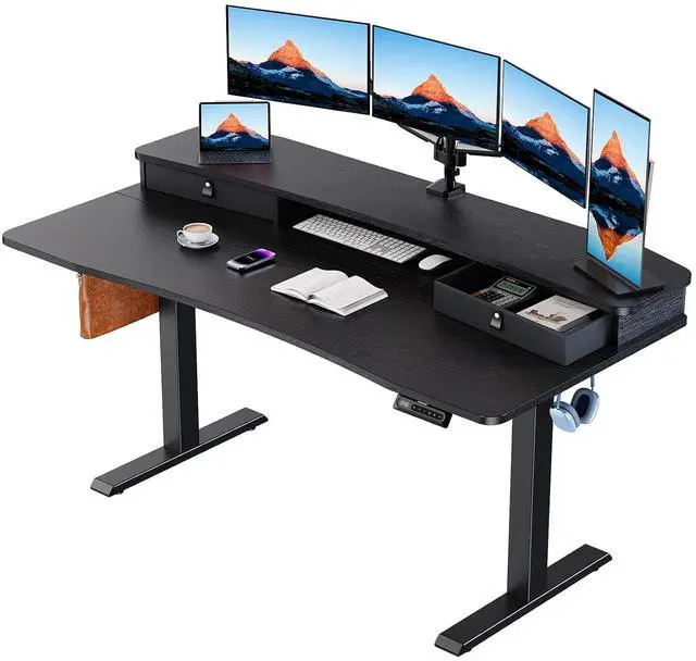 Main image of 60 x 30 Electric Standing Desk with 2 Drawers, C-Clamp Mount Compatible, Height Adjustable Computer Desk, Home Office Stand Up Desk with 4 Preset Heights & 2 Hooks, Black