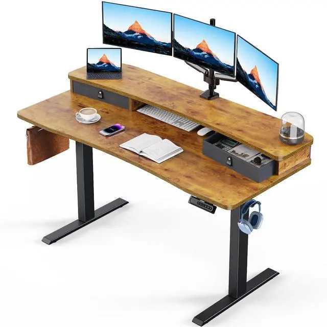 Main image of 55 x 26 Electric Standing Desk with 2 Drawers, C-Clamp Mount Compatible, Height Adjustable Computer Desk, Home Office Stand Up Desk with 4 Preset Heights & 2 Hooks, Vintage Brown