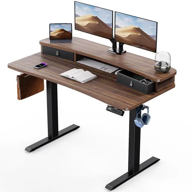 Main image of 48 x 24 Electric Standing Desk with 2 Drawers, C-Clamp Mount Compatible, Height Adjustable Computer Desk, Home Office Stand Up Desk with 4 Preset Heights & 2 Hooks, Walnut