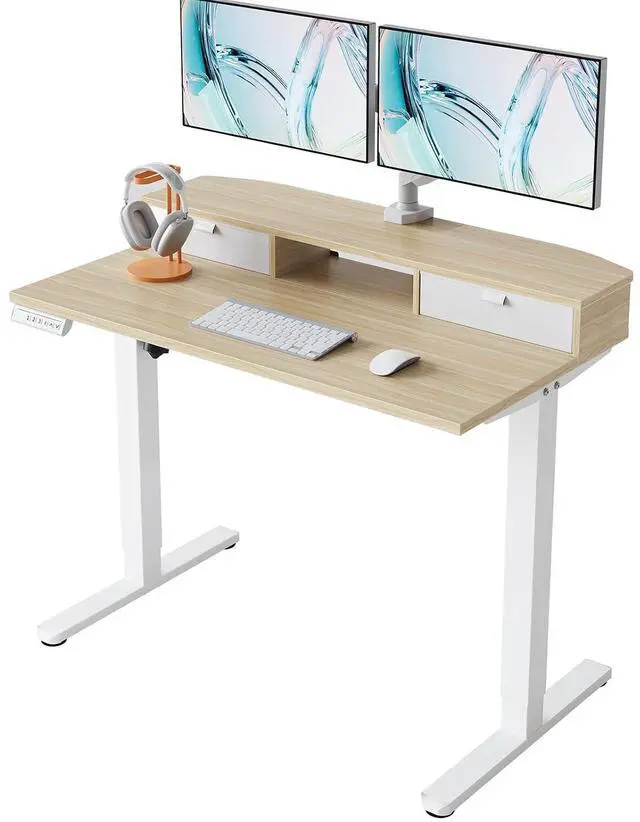 Main image of 40" X 24" Electric Standing Desk with 2 Drawers, C-Clamp Mount Compatible, Height Adjustable Computer Desk, Home Office Stand Up Desk with 4 Preset Heights & 2 Hooks, Light Walnut