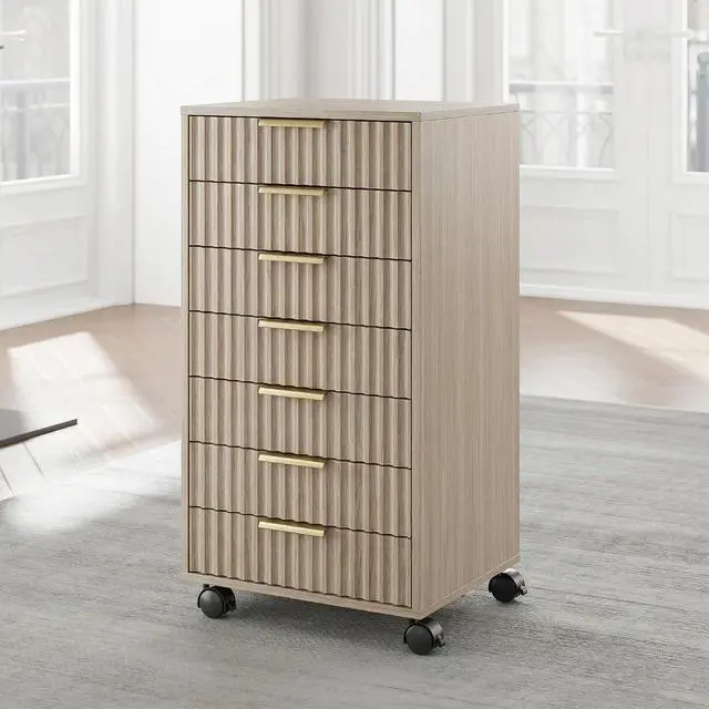 Main image of 7 Drawer File Cabinet with Wheels for Home Office, Light Walnut | Fluted 7 Drawer Chest, Wood File Cabinet with Lockable Wheels, Anti-Tip Design