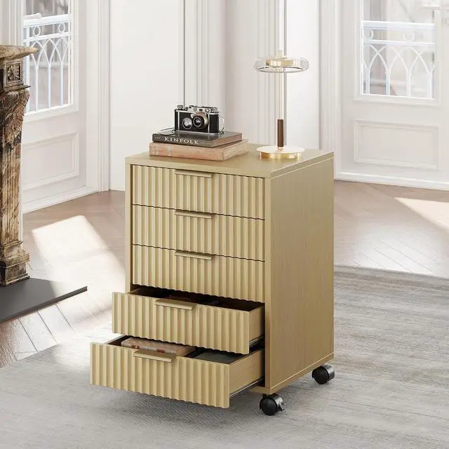 Main image of 5 Drawer Chest, Under Desk Storage Wood Drawers with Wheels,Fluted File Cabinet for Home Office, Natural Walnut