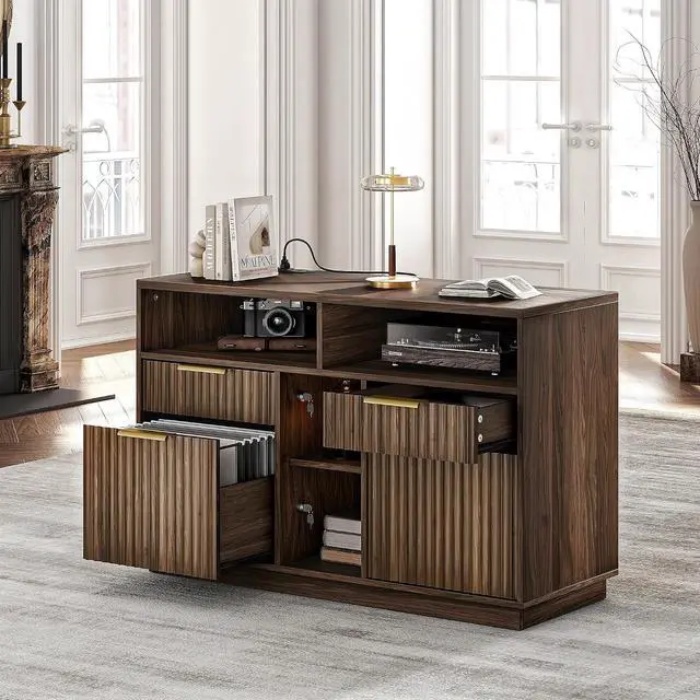 Main image of 4 Drawer File Cabinet, Fluted Wood Lateral Filing Cabinet with Lock and Charging Station for Home Office, Printer Stand with Open Storage Shelves, Fits A4, Letter Size, Black Waulnut