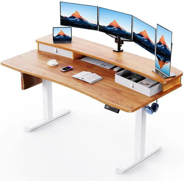 Main image of 60 x 30 Electric Standing Desk with 2 Drawers, C-Clamp Mount Compatible, Height Adjustable Computer Desk, Home Office Stand Up Desk with 4 Preset Heights & 2 Hooks, Light Vintage