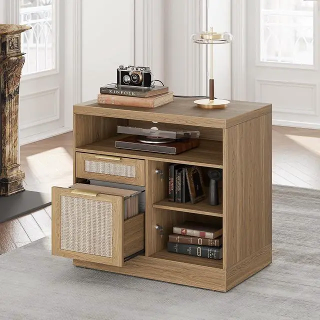 Main image of 2 Drawer Rattan File Cabinet, 32'' Lateral File Cabinet with Lock and AC/USB for Letter/A4 Size, Wood Filing Cabinet with Storage Shelves for Home Office, Natural Oak