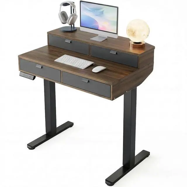 Main image of 32 X 20 inch Electric Standing Desk with 4 Drawers, Adjustable Height Sit Stand Home Office Desk, C-Clamp Mount Compatible, Ergonomic Stand up Desk with 4 Preset Heights, Walnut