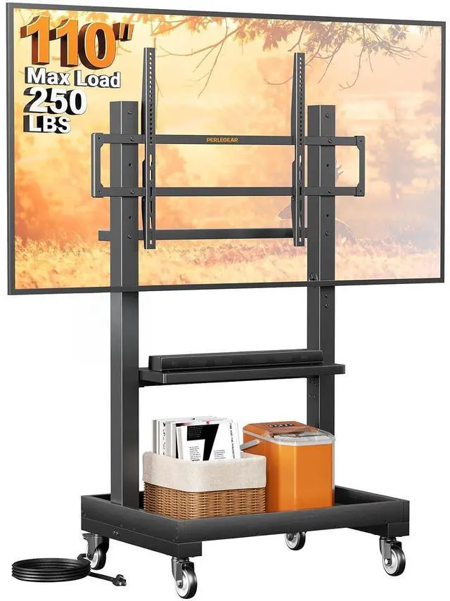 Main image of Rolling TV Stand for 32-110 TVs up to 250 lbs, Outdoor TV Stand with Large Wheels, Handle & Power Outlet, Height Adjustable Mobile TV Cart with Wood Shelf, Max VESA 800x600mm, PGTVMC24B