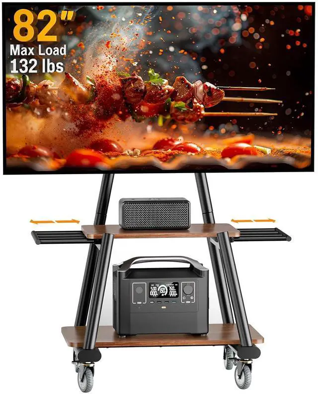 Main image of Rolling TV Stand for 43-82 TVs up to 132 lbs, Outdoor TV Stand with Extra-Large Wheels & Extendable Handles, Height Adjustable Mobile TV Cart with Wood Shelf, Max VESA 600x400mm, PGTVMC25B