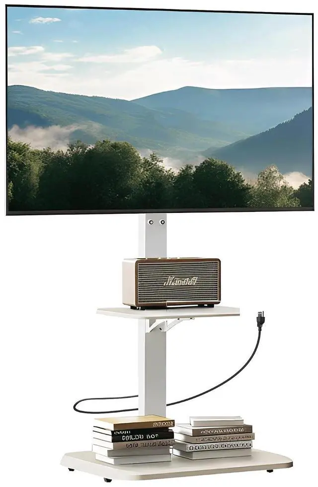 Main image of Floor TV Stand with Power Outlet, Universal TV Stand for 32-75 inch TVs up to 110 lbs, Tall TV Mount for Bedroom with Shelf, Wood Base, Height Adjustable, Max VESA 600x400mm, White, PGFS06W