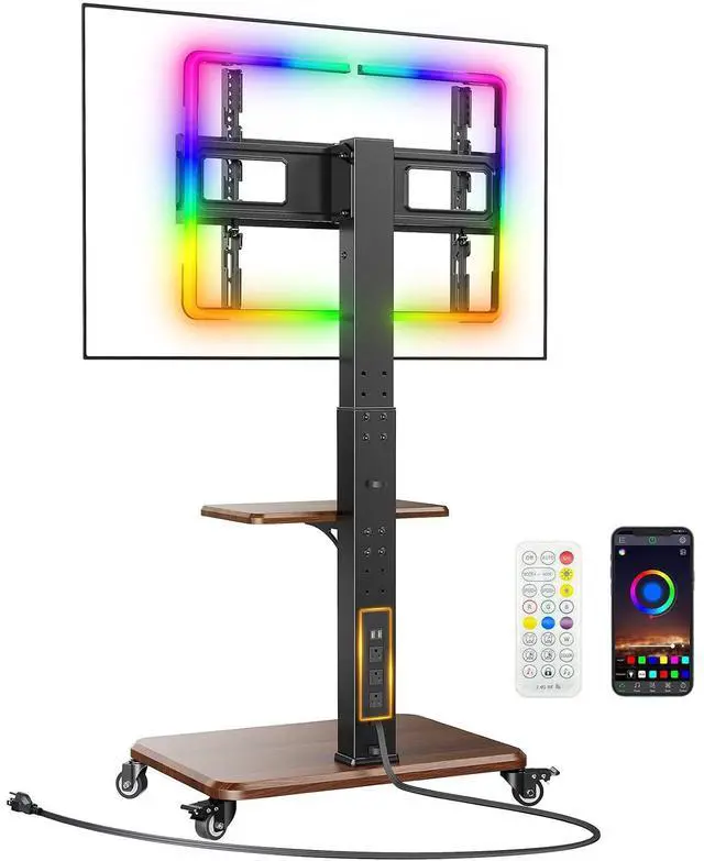 Main image of Rolling TV Stand for 32-77TVs with LED Lights and Power Outlet | Up to 110 lbs,16M colors, ±30° swivel ±8° tilt, 3 AC + 2 USB ports, 6.5ft cable, fits 32-77" TVs,wood base, mobile TV stand