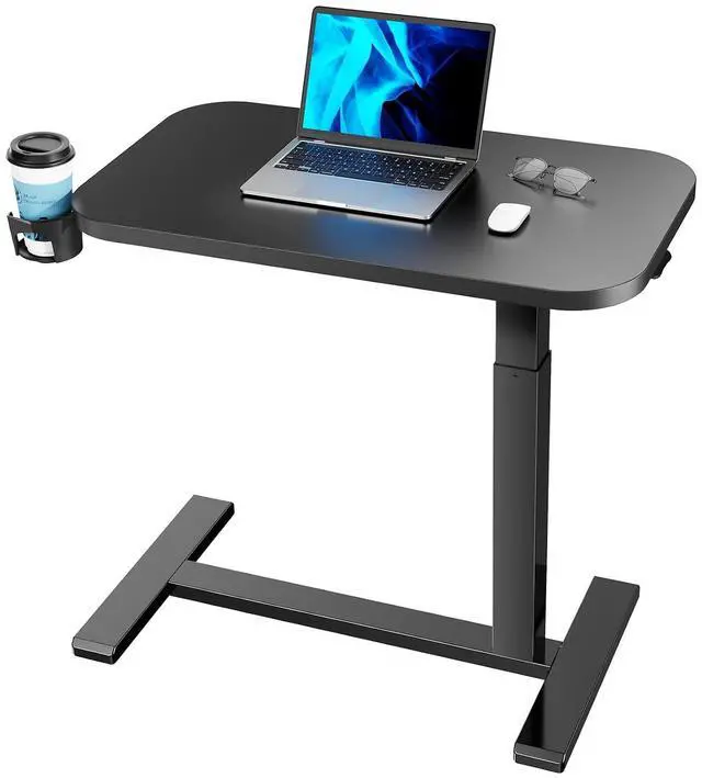 Main image of 32Inch Bedside Table with Wheels, Height-Adjustable Rolling Computer Cart, Overbed Table with Cup Holder, Pneumatic Laptop Standing Desk for Home Office, Black