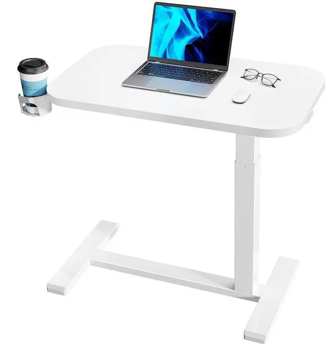 Main image of 32Inch Bedside Table with Wheels, Height-Adjustable Rolling Computer Cart, Overbed Table with Cup Holder, Pneumatic Laptop Standing Desk for Home Office, White