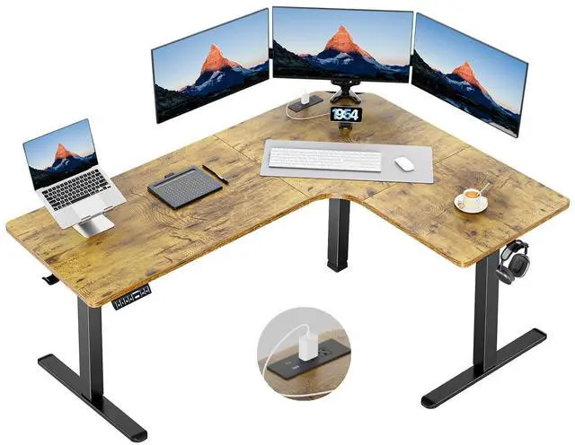 Main image of 63 L-Shaped Standing Desk, Built-in Power Outlets, Vintage Brown | Smooth Electric Height Adjustment, 3 Memory Presets, Sturdy Steel Frame, 220 lbs Capacity, Large Power Strip Holder