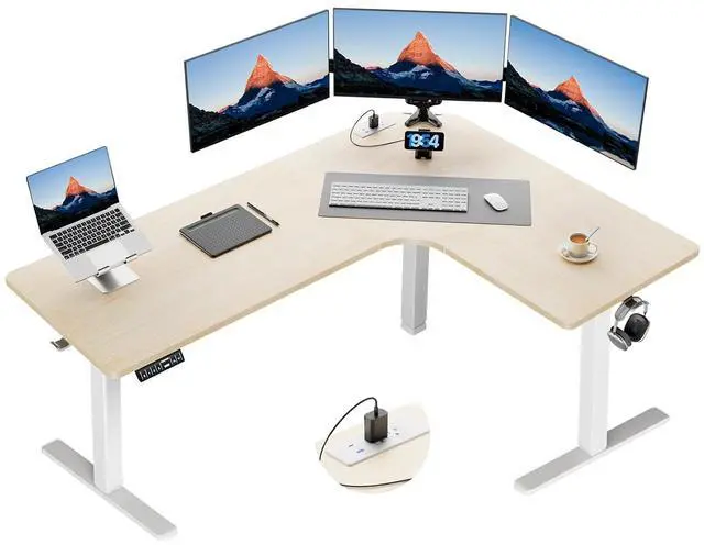 Main image of 63 L-Shaped Standing Desk, Built-in Power Outlets, Electric Height Adjustable Corner Computer Desk, Large Power Strip Holder, Sit Stand Up Desk with 3 Preset Heights, Natural Wood