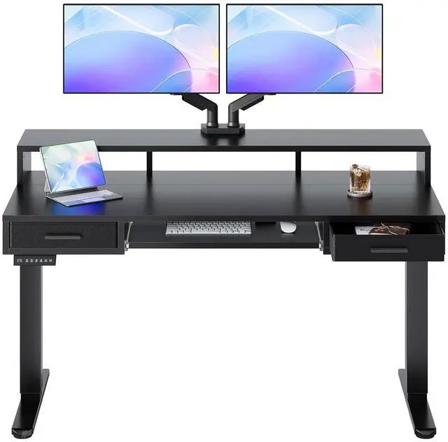 Main image of 55 x 26 Electric Standing Desk with 2 Drawers &24.4 Large Keyboard Tray, C-Clamp Mount Compatible, Adjustable Computer Desk for Office, Sit Stand Up Desk with 4 Height Presets, Black