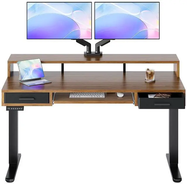 Main image of 55 x 26 Electric Standing Desk with 2 Drawers &24.4 Large Keyboard Tray, C-Clamp Mount Compatible, Adjustable Computer Desk for Office, Sit Stand Up Desk with 4 Height Presets, Deep Walnut