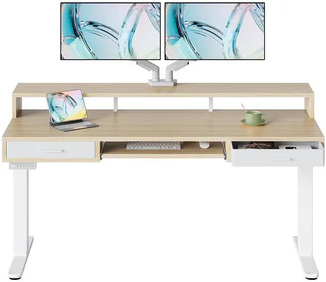 Main image of 63 x 26 Electric Standing Desk with 2 Drawers &24.4 Large Keyboard Tray, C-Clamp Mount Compatible, Adjustable Computer Desk for Office, Sit Stand Up Desk with 4 Height Presets, Light Walnut