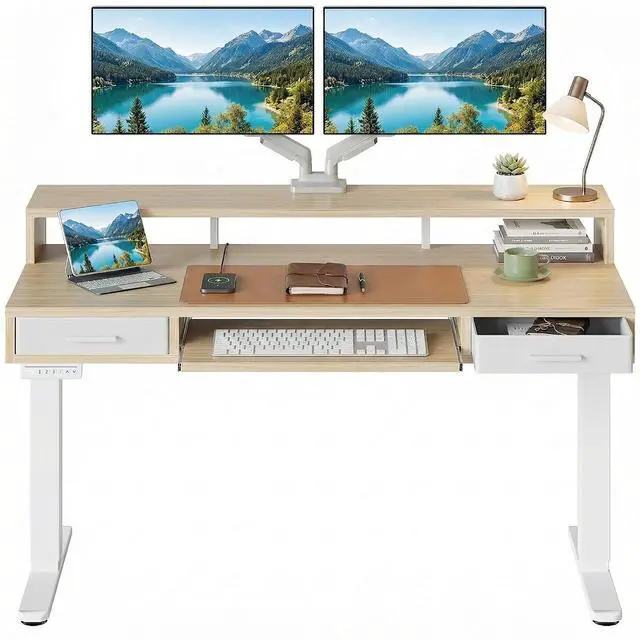 Main image of 55 x 26 Electric Standing Desk with 2 Drawers &24.4 Large Keyboard Tray, C-Clamp Mount Compatible, Adjustable Computer Desk for Office, Sit Stand Up Desk with 4 Height Presets, Light Walnut