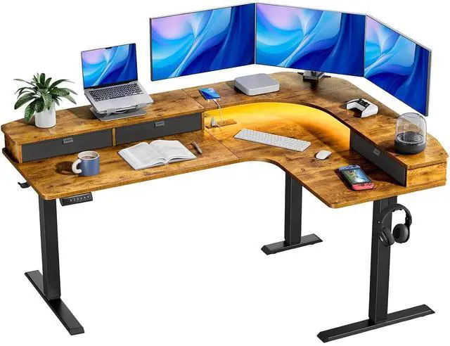 Main image of 65 L Shaped Standing Desk with 3 Drawers, Vintage Brown | Built-in Power Outlets, LED Strip, Smooth Electric Height Adjustment, 4 Memory Presets, 220 lbs Capacity, Power Strip Holder