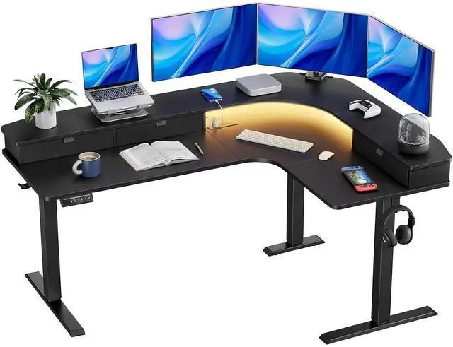 Main image of 65 L Shaped Standing Desk with 3 Drawers, Electric Height Adjustable Corner Computer Desk with Power Outlets & LED Strip, Sit Stand Up Desk for Home Office, Black