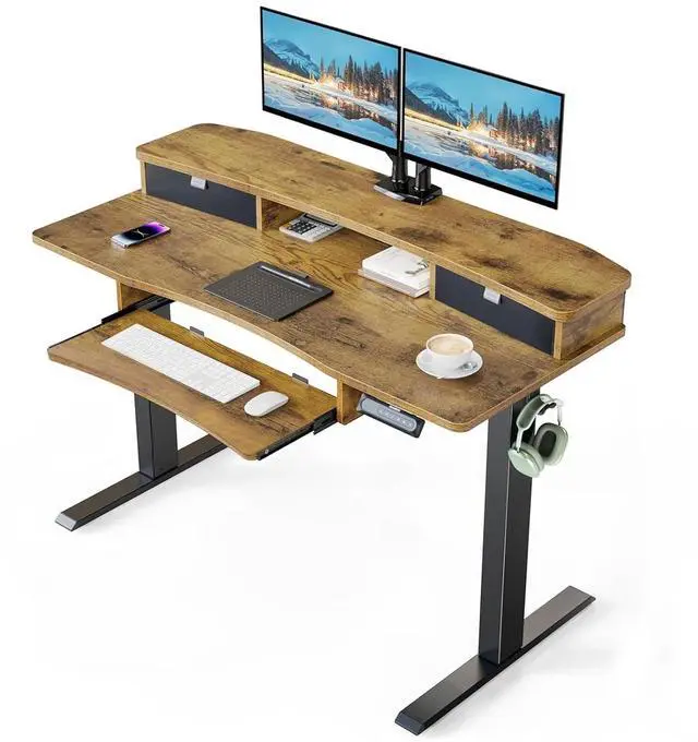 Main image of 48" x 26" Electric Standing Desk with 2 Drawers & 26.7" Large Keyboard Tray, C-Clamp Mount Compatible, Adjustable Computer Desk for Home Office, Stand Up Desk with 4 Height Presets, Vintage