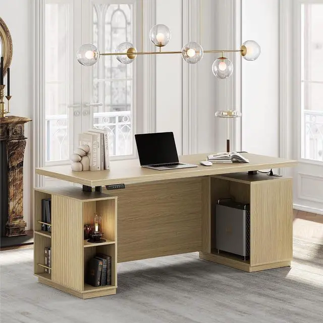Main image of 70" Standing Desk with Storage, Executive Electric Height Adjustable Stand Up Desk with AC/USB and Privacy Panel, Large One-Piece Destop, Fluted Computer Desk for Home Office, Light Walnut