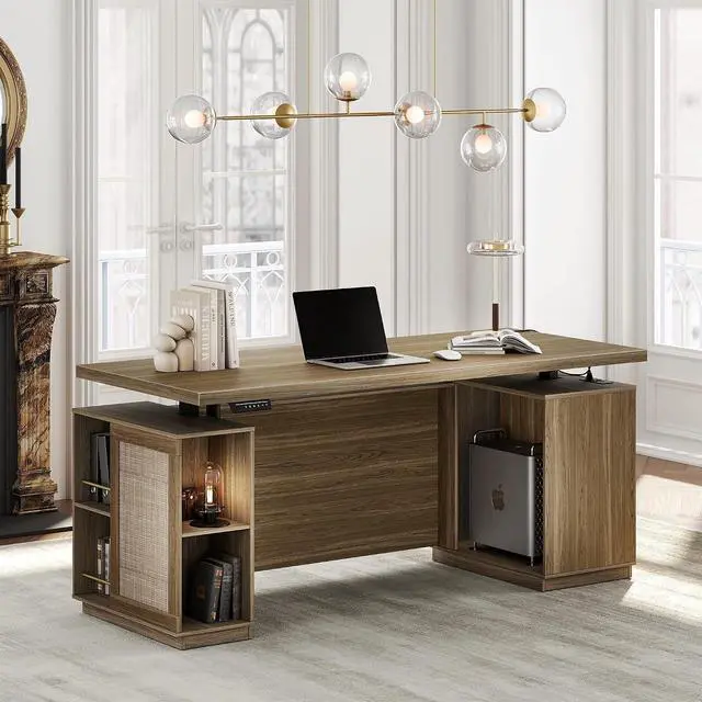 Main image of 70" Standing Desk with Storage, Executive Electric Height Adjustable Stand Up Desk with AC/USB and Privacy Panel, Large One-Piece Destop, Rattan Computer Desk for Home Office, Natural Oak