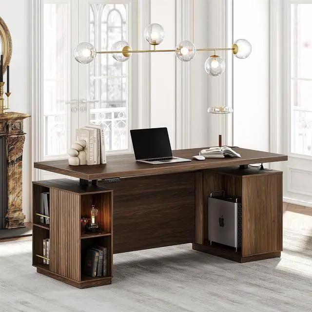 Main image of 70" Standing Desk with Storage, Executive Electric Height Adjustable Stand Up Desk with AC/USB, Privacy Panel, Large One-Piece Destop, Fluted Computer Desk, Black Walnut