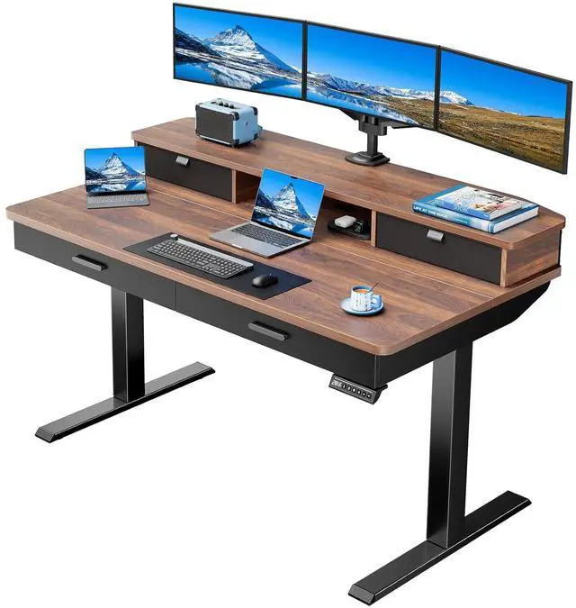 Main image of 55 x 30 inch Electric Standing Desk with Wood Drawers, Adjustable Height Sit Stand Home Office Desk with Two Tiers, Ergonomic Adjustable Stand up Desk C-Clamp Monitor Mount Compatible, Walnut